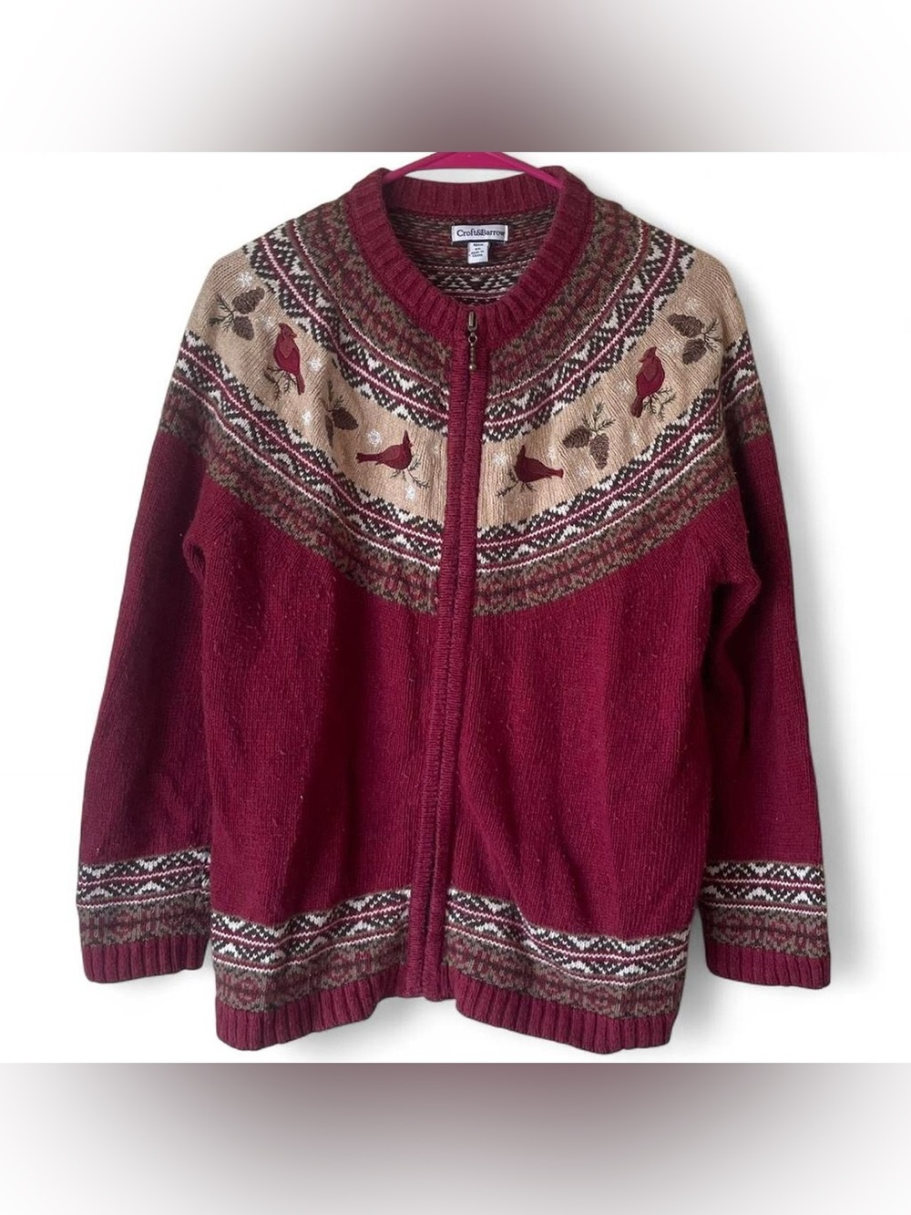 Vintage Croft & Barrow Fair Isle Cardinal Zip-Front Cardigan Sweater
